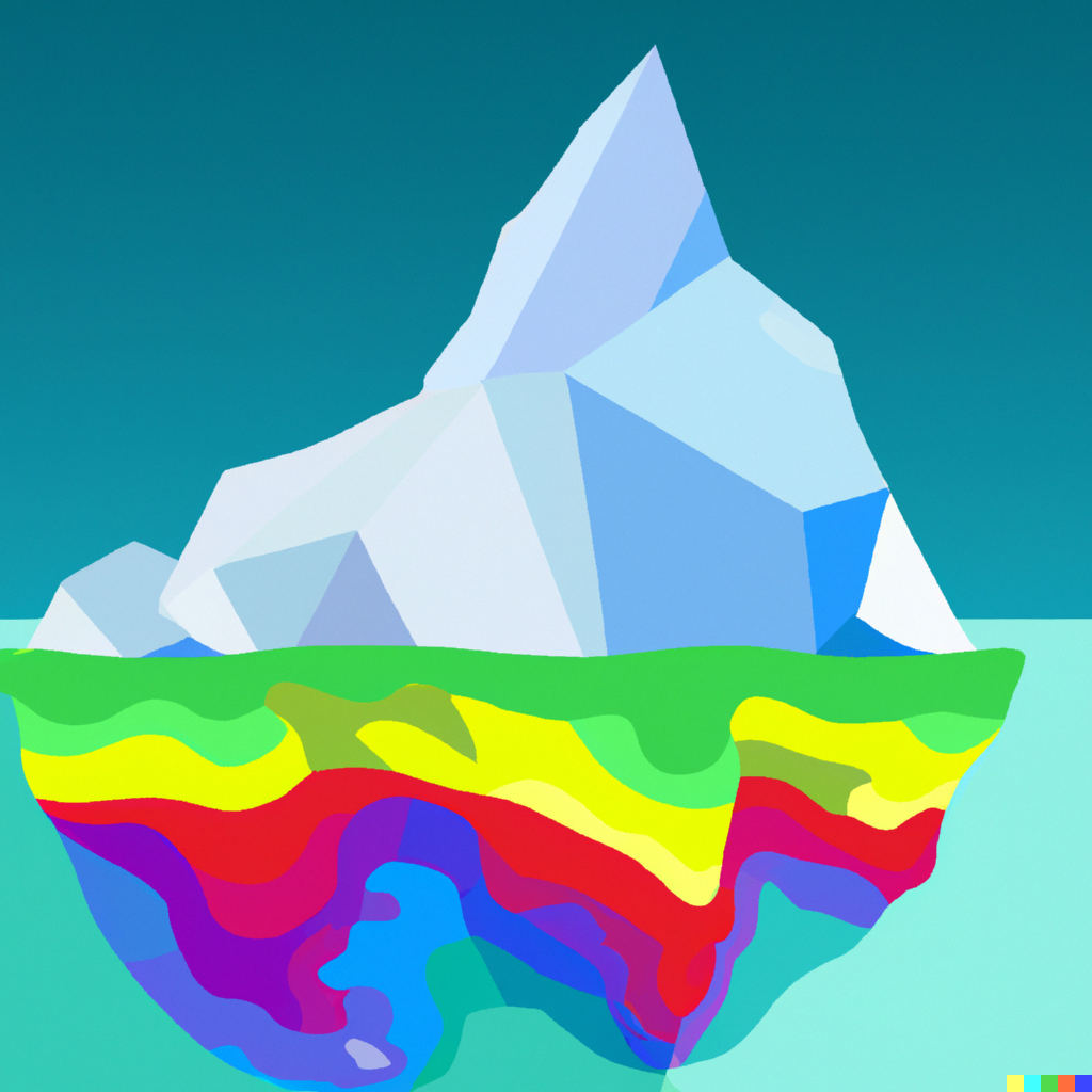 An iceberg with a rainbow underside